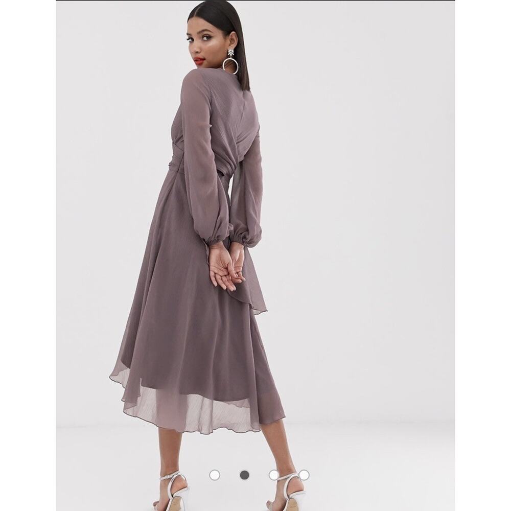 ASOS DESIGN Wrapwaist Midi Dress Sz 6 Double Layer Skirt Long Sleeve Lavender - Picture 2 of 14